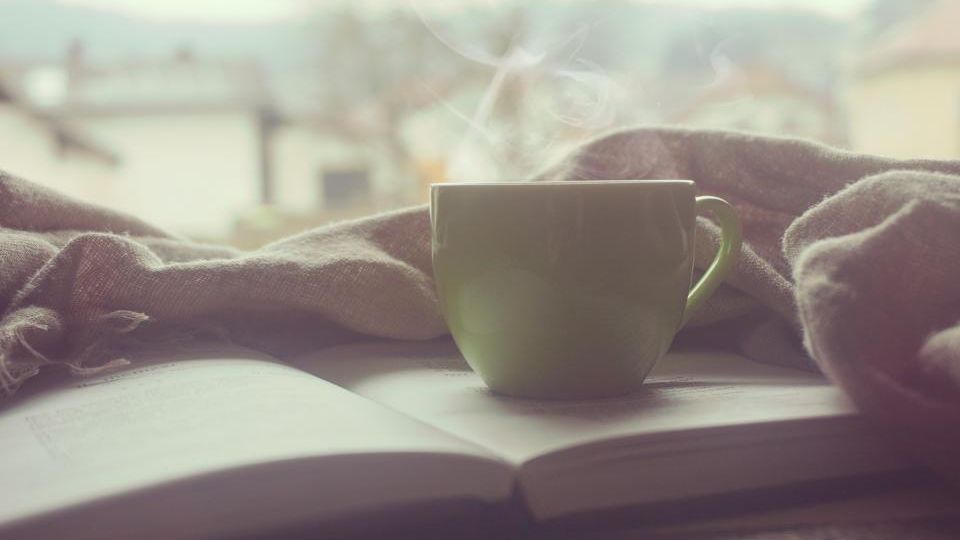 Sabah ışığında kahve fincanı ve açık bir kitap